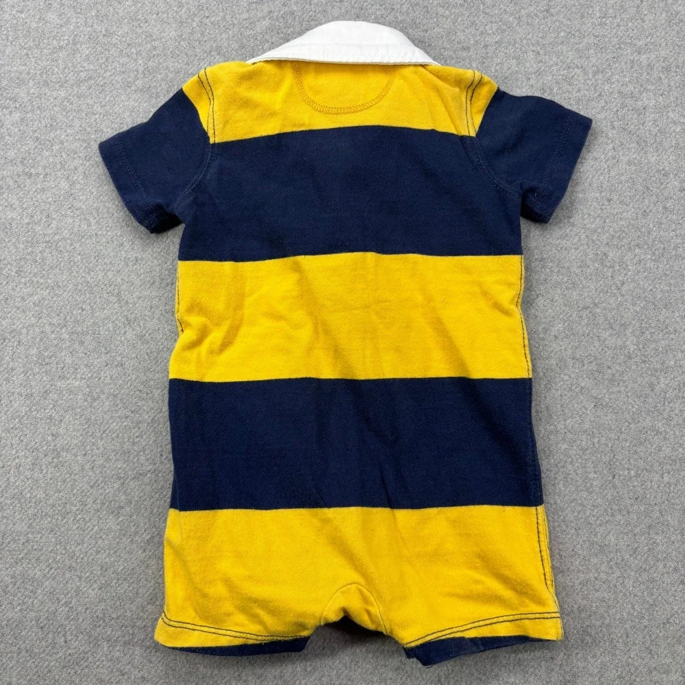 Ralph Lauren Baby Rugby‎ Romper Shortall 3M Yellow Navy Blue Short Sleeve Polo